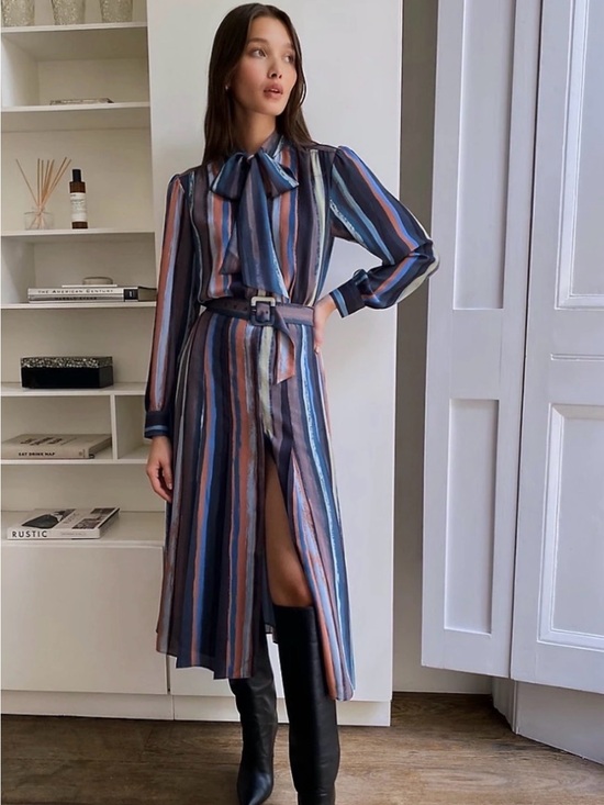 Babaton Dresses & Skirts - Babaton Striped Tie-Neck Midi Dress in Blue Multi